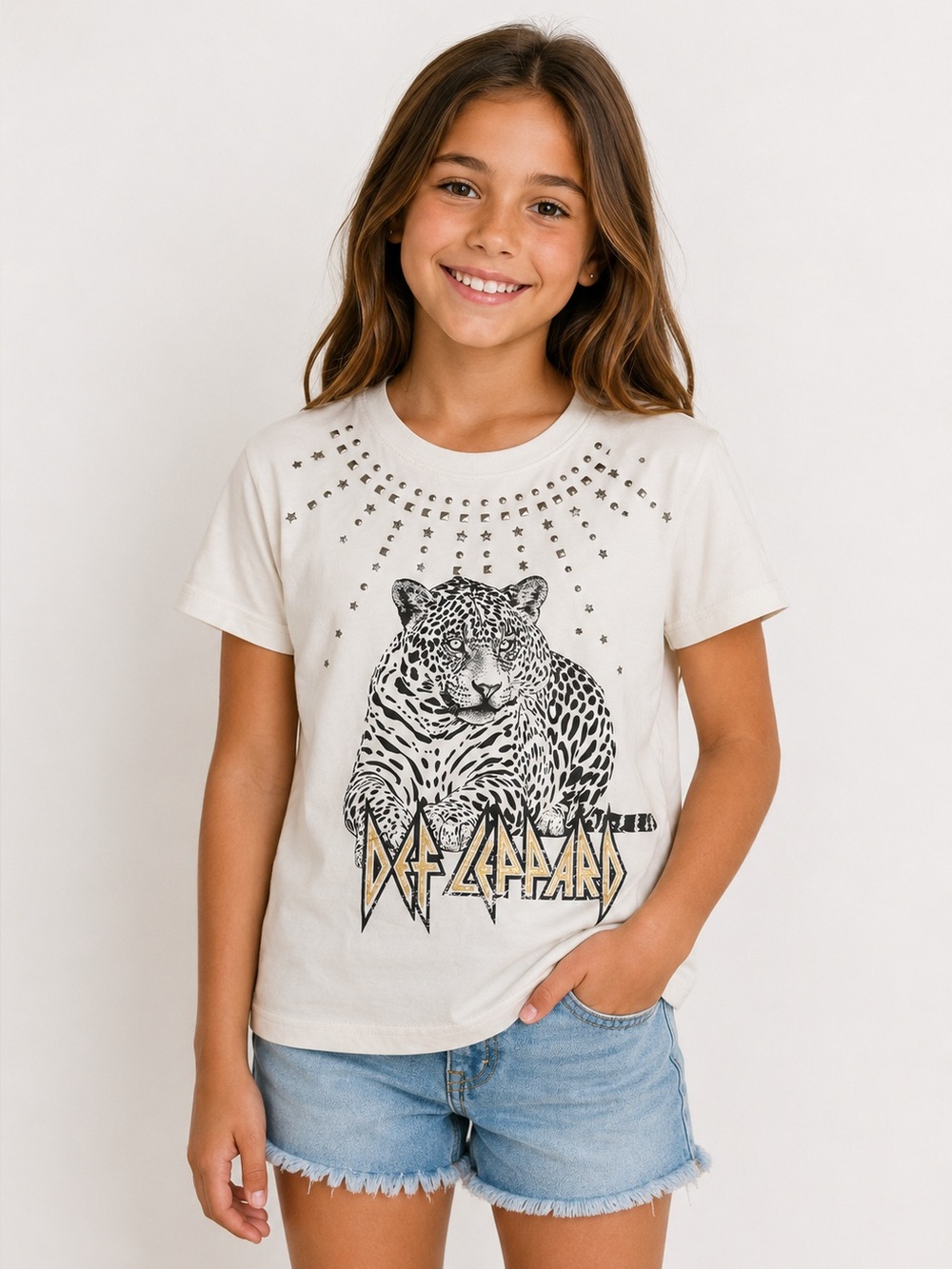 Kids White Graphic Def Leppard Tee. Size 7/8